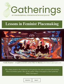 Cover of Gatherings, 1.1 features an art quilt titled Family Reunion, copyright Ellen M. Blalock.